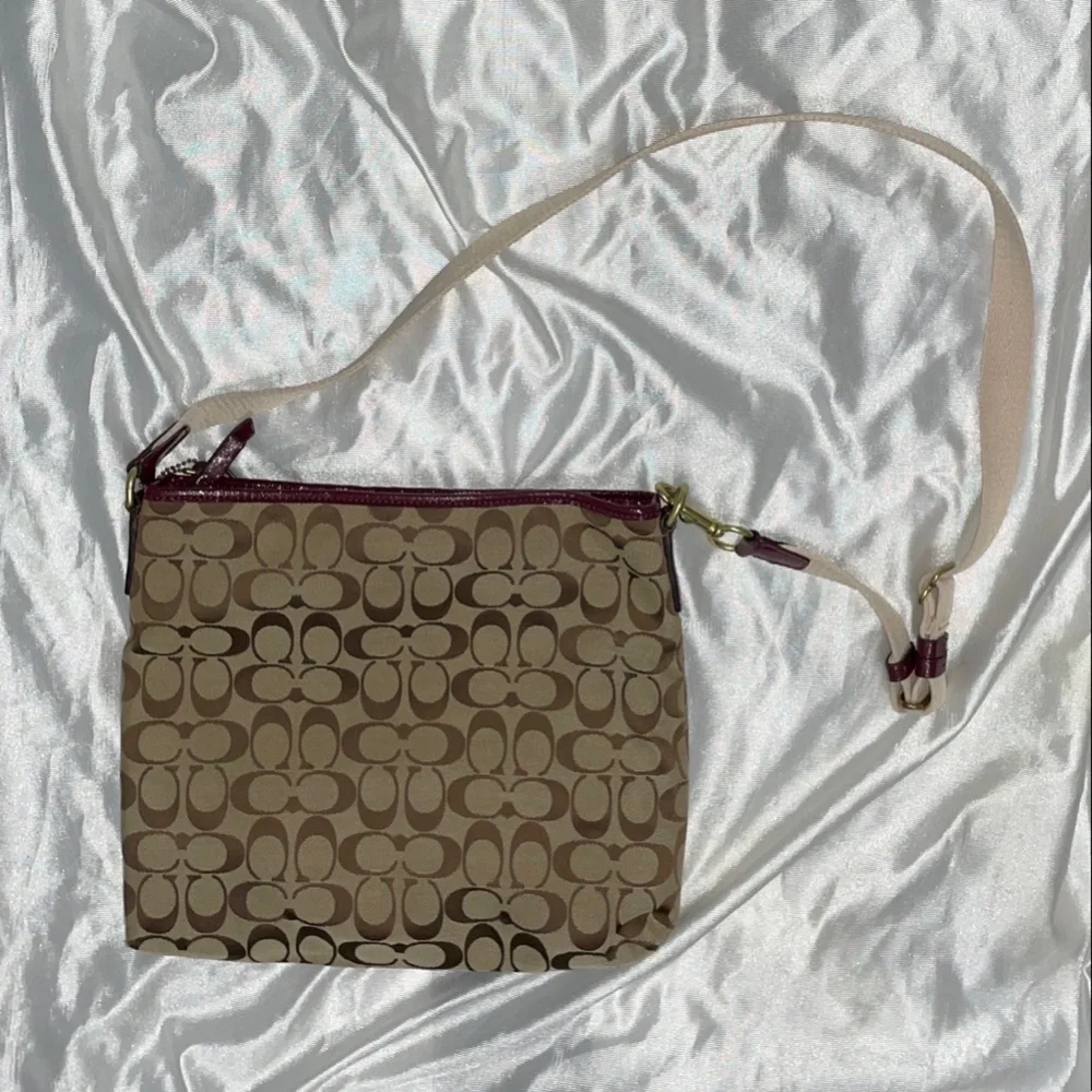 Coach Khaki Signature Crossbody with Burgundy Stripe
